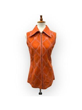 Vintage 60's Suede Wool Vest Zipper Pointed Collar Orange